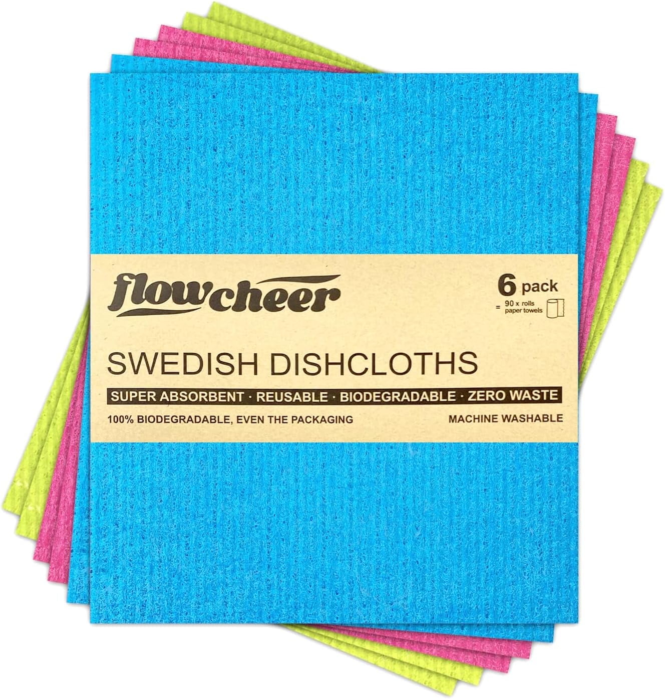 Flowcheer Swedish Dishcloths - 6 Pack Reusable Kitchen Paper Towels - Washable Cleaning Cloths - Multicolor - Washable Sponge Towel
