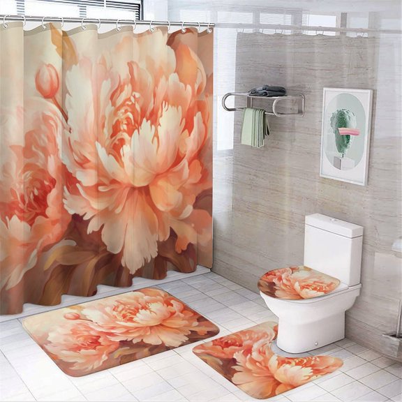 Flower (12) Shower Curtain Waterproof Bathroom Curtain Anti-slip Bath Mat Set Toilet Rugs Carpet