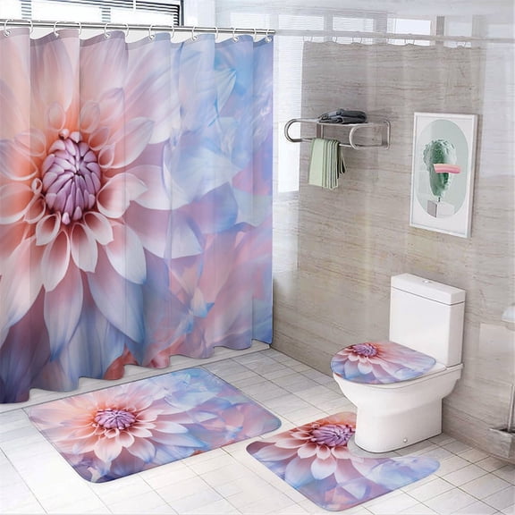 Flower (23) Shower Curtain Waterproof Bathroom Curtain Anti-slip Bath Mat Set Toilet Rugs Carpet