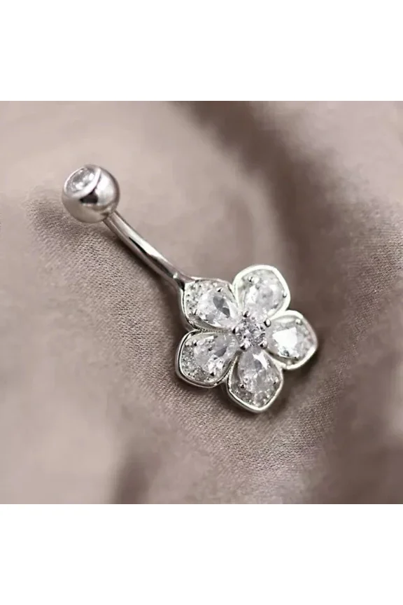 Flower 2Ct Pear Cut Simulated Diamond Women's Navel Belly Button 14K White Gold Plated Silver