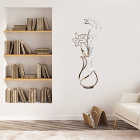 Flower 3D Acrylic Mirror Wall Stickers, Removable Floral Vase Wall Stickers Wall Stickers, DIY Self Adhesive Wall Art Decals for Living Room Bedroom Home Decoration (Silver)