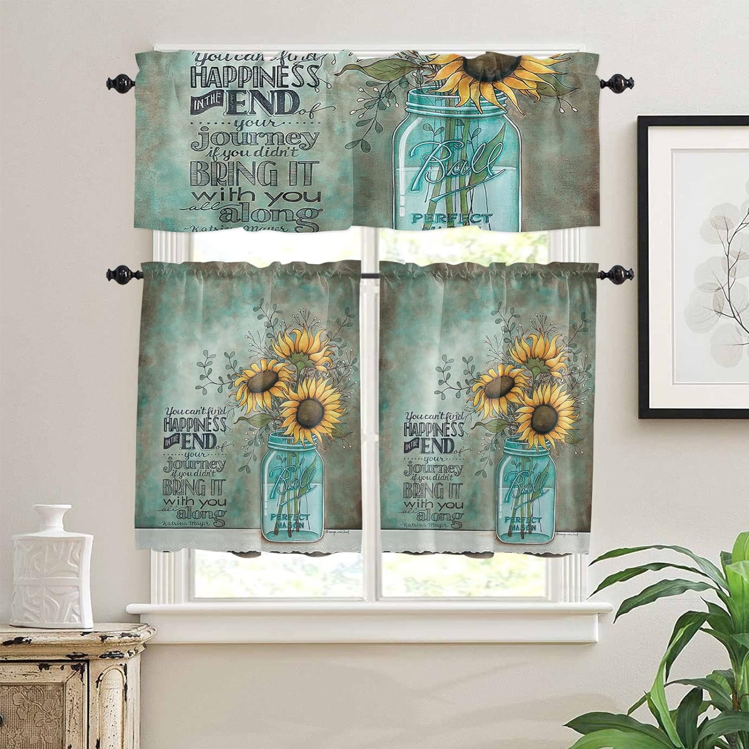 Flower 3pcs Kitchen Curtain Valance and Tiers Set, Small Window