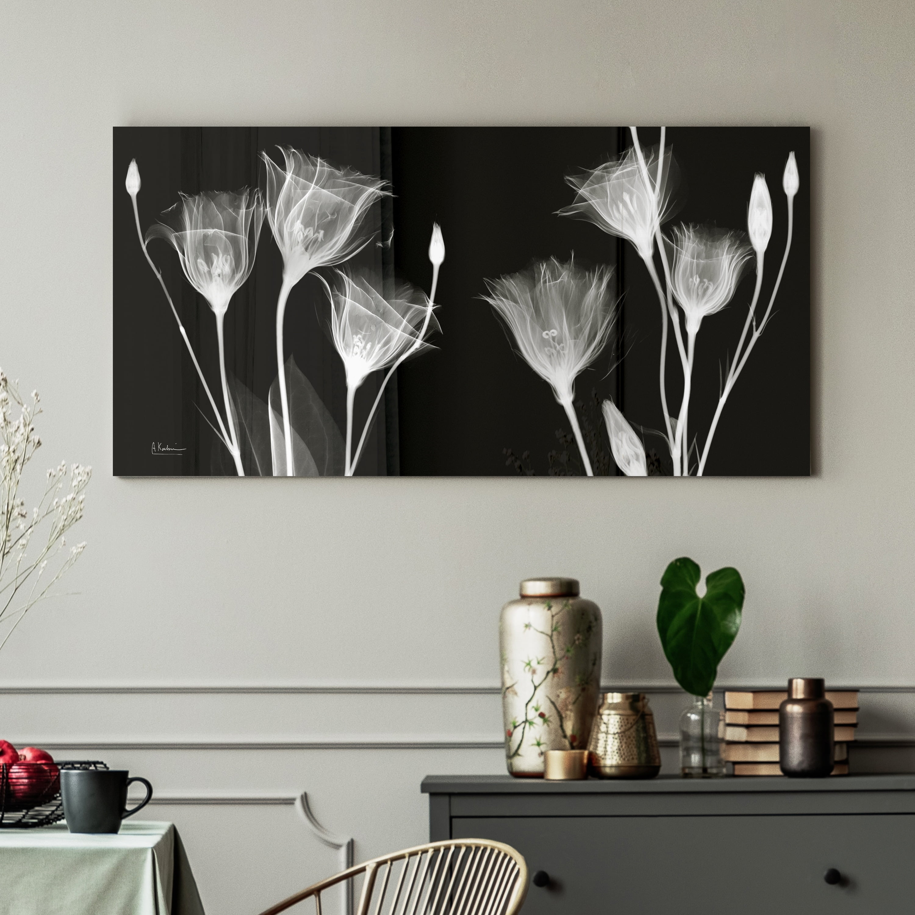 Gentian X-Ray Black and White Tempered Glass Wall Art, 24" x 48"
