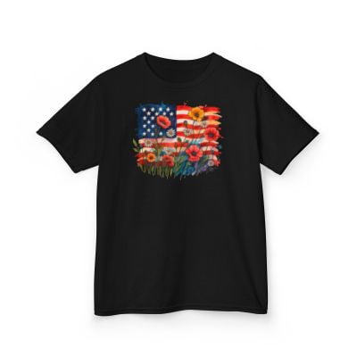 Flower 4th of July USA Kids Heavy Cotton Tee-KHJUL4506B-Black-XS