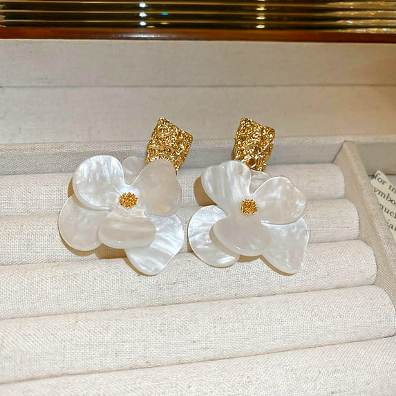 Flower Alloy Acrylic Dangle Stud Earrings Golden White 60x40mm