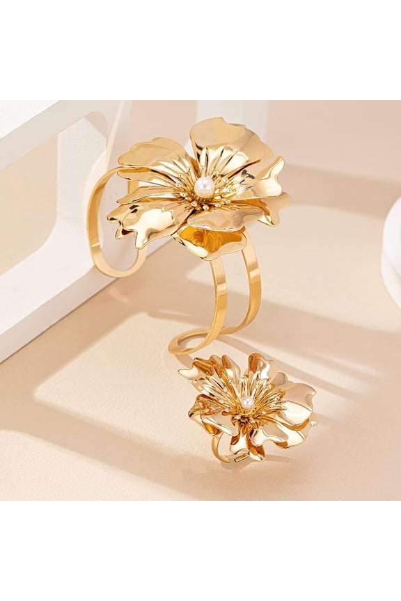 Flower Alloy Cuff Bangles Cuff Rings Sets for Women with Plastic Imitation Pearl Golden Inner Diameter 60mm for DIY Golden