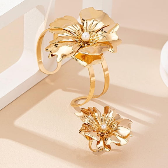 Flower Alloy Cuff Bangles Cuff Rings Sets for Women with Plastic Imitation Pearl Golden Inner Diameter 60mm for DIY