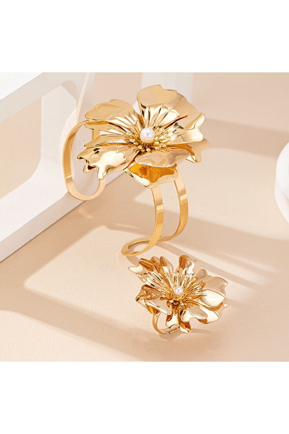 Flower Alloy Cuff Bangles & Cuff Rings Sets for Women with Plastic Imitation Pearl Golden Inner Diameter: 60mm