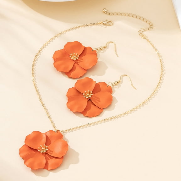 Flower Alloy Enamel Pendant Necklace & Dangle Earring Golden Dark Orange 370mm & 65x41mm Alloy