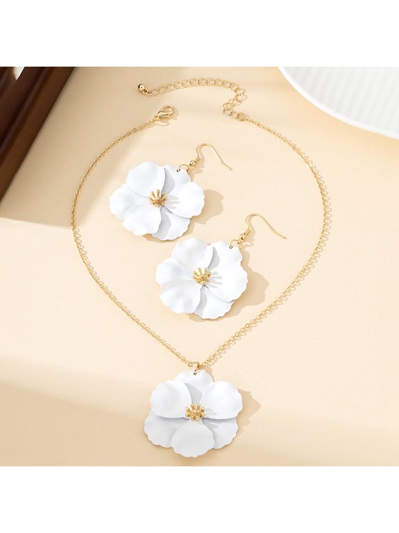 Flower Alloy Enamel Pendant Necklace & Dangle Earring Golden White 370mm & 65x41mm Alloy