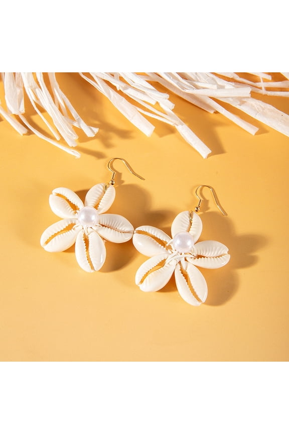 Flower Alloy Natural Shell Dangle Earrings with Plastic Imitation Pearl Golden 64x46mm Diy
