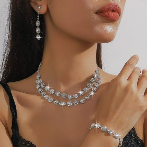 Flower Alloy Rhinestone Chain Double Layer Necklaces Stud Dangle Earrings Bracelets Sets Silver 295mm grey