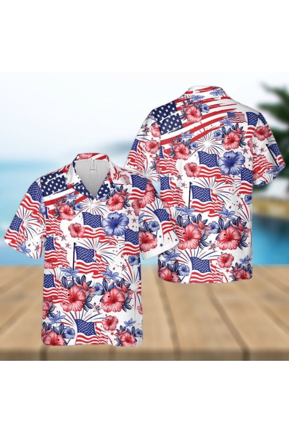 Flower American Flag Gift For 4th Of July Aloha Hawaiian Shirt