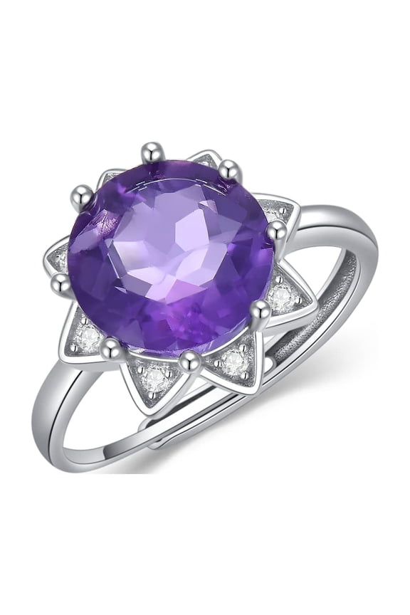 Flower Amethyst Ring February Birthstone Purple Crystal Adjustable Open Rings with Cubic Zirconia 925 Sterling Silver Engagement Wedding Band Birthday Anniversary Jewelry Gifts for Women Size 7