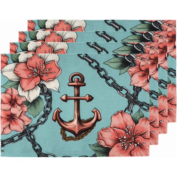 Flower Anchor Nautical Placemats Set of 4 Decorative Dinner Place Mats Washable Table Mat for Gifts, Holiday, Birthday Party, Wedding & Dining