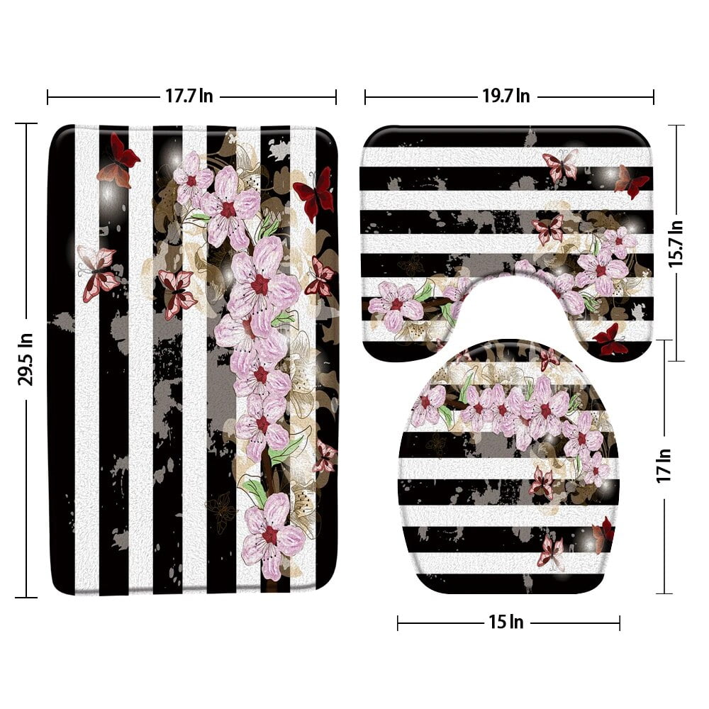 Flower And Bird Bath Mat Black And White Stripes Background Bathroom