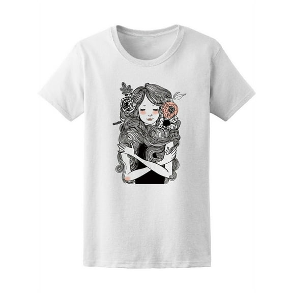 Flower And Long Hair Cute Girl Women T-Shirt - Image by Shutterstock, Female Medium