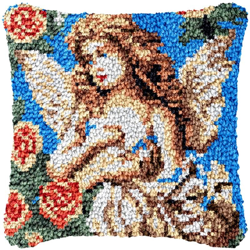 Flower Angel Girl Latch Hook Pillow Cover Kits for DIY Handmade Throw Pillow Cross Stitch Latch Hook Pillowcase Rug Kits with Preprinted Color Pattern Canvas Crochet Yarn Kits 17''X 17''(fv146)