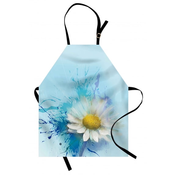 Flower Apron Oil Painting Chamomile Pattern with Splash on Background Image Pastoral Expression, Unisex Kitchen Bib Apron with Adjustable Neck for Cooking Baking Gardening, White Blue, by Ambesonne