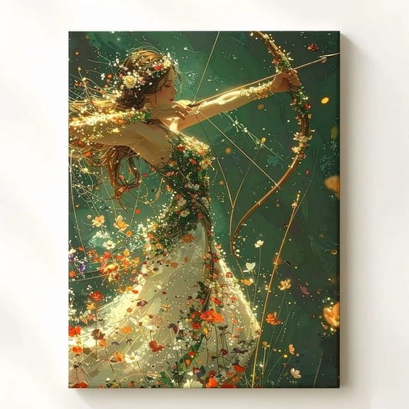 Flower Archer Posterfantasy Woman With Floral Gown And Magic Arrow Wall Art