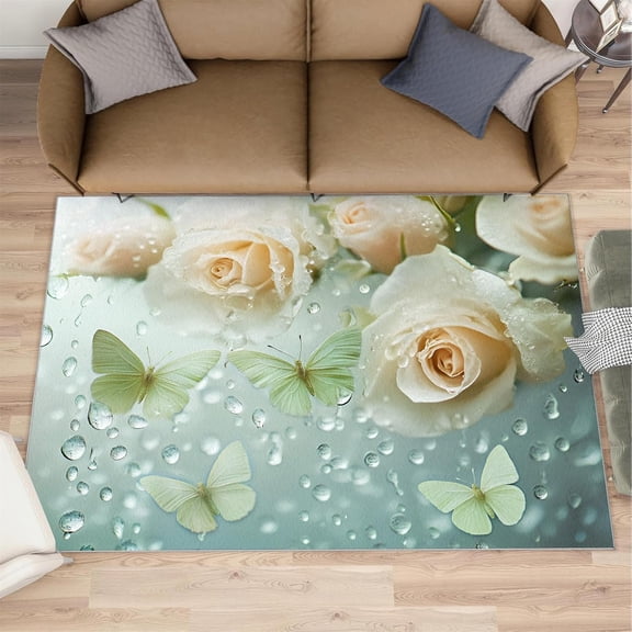 Flower Area Rug, Butterfly Rugs for Living Room, Fashion Spring Carpet, Soft Non Slip Washable Rugs for Bedroom-2' x 3'