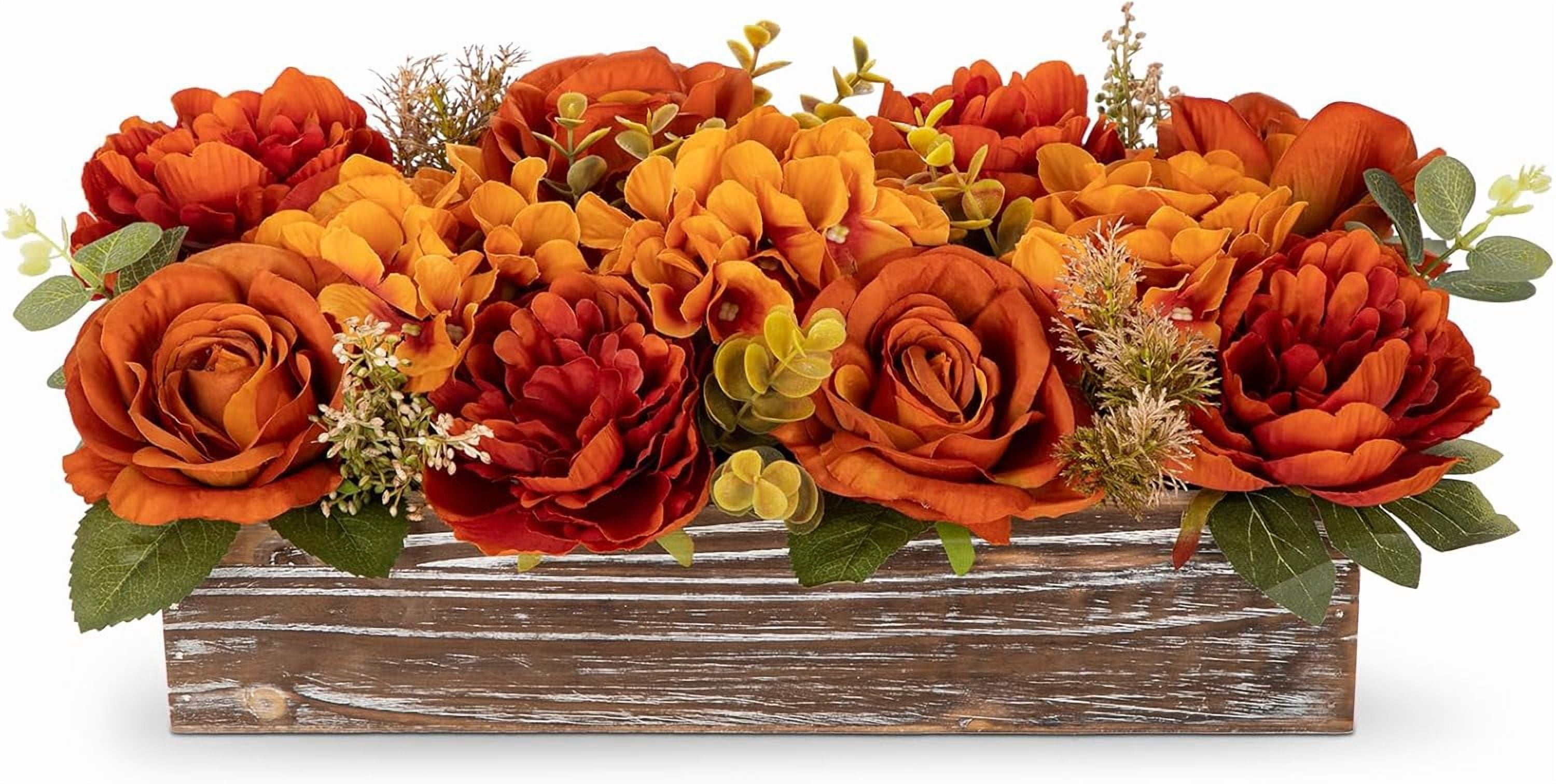 Flower Arrangement with Wooden Vase 14" Artificial Flowers in Pot - Fake Flowers Roses Peonies Hydrangeas in Wooden Vase Potted Flower Centerpieces for Table Decor Living Room - Dried Orange