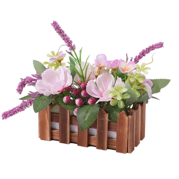 Flower Arrangement with Wooden Vase 7"Artificial Flowers in Pot - Fake Flowers Roses Peonies Hydrangeas in Wooden Vase Potted Artificial Flower Centerpieces for Table Decor Living Room