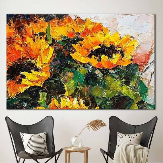 Flower Art Canvas, Contemporary Printed Canvas, Sunflower Poster, Bouquet Of Sunflower Painting, Abstract Canvas Art, Botanical Canvas Art, Canvas Wall Decor - Natural Framed