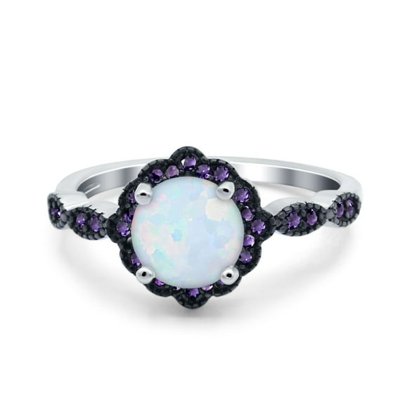Flower Art Deco Ring Round Amethyst Lab Created White Opal 925 Sterling Silver Size 7