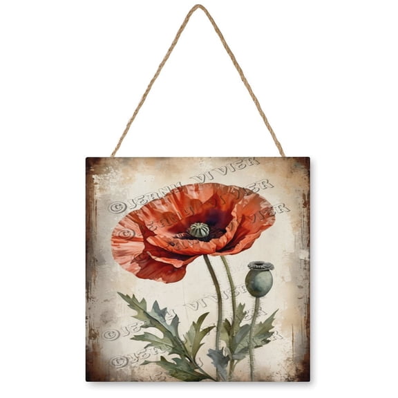 Flower Art Red Poppy Decor Wood Hanging Sign Square Wall Decor for Girls Dorm,Red Flower Wall Art Ready to Hang for Office Living Room Home Decorations 12"x12"