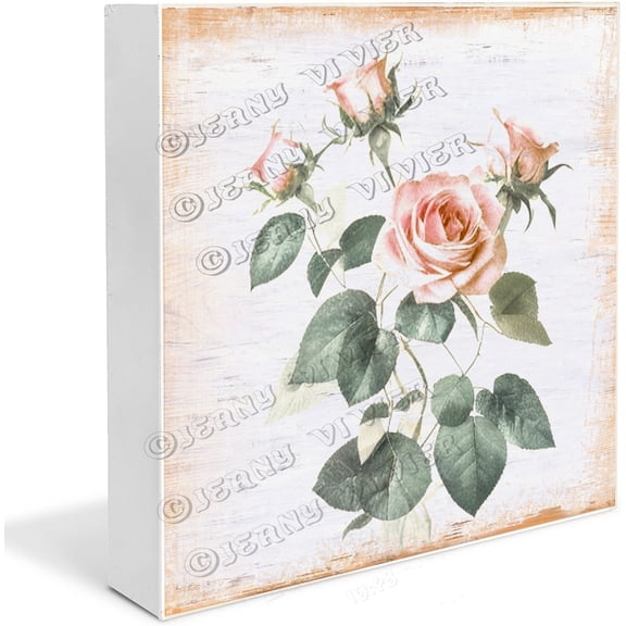 Flower Art Rose Wood Box Sign Desk Decor Rustic Rose Themed Wooden Box Block Sign Decorations Wall Tabletop Desk Decor 5"x5"