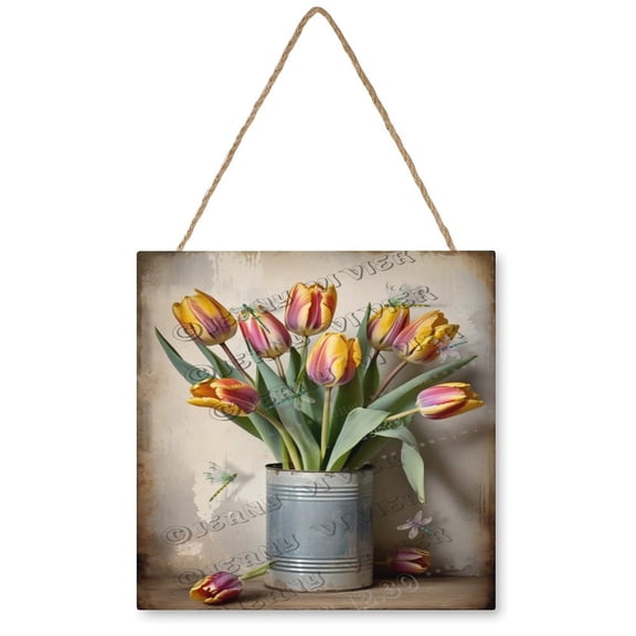 Flower Art Tulip Decor Wood Hanging Sign Square Wall Decor for Girls Dorm,Spring Flower Wall Art Ready to Hang for Office Living Room Home Decorations 12"x12"