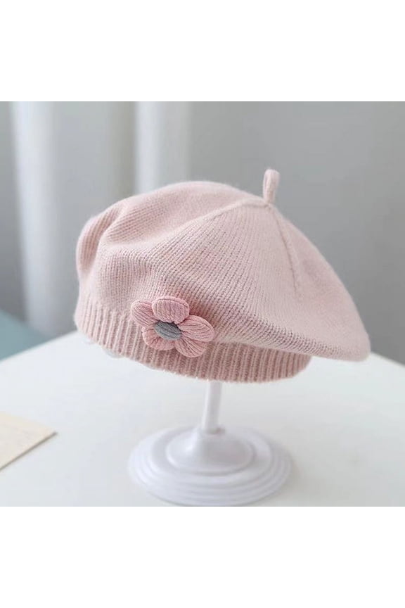 Flower Baby Beret Hat Solid Color Winter Warm Knitted Beanie Cap For Infant Girls Korean Toddler Princess Artist Painter Caps