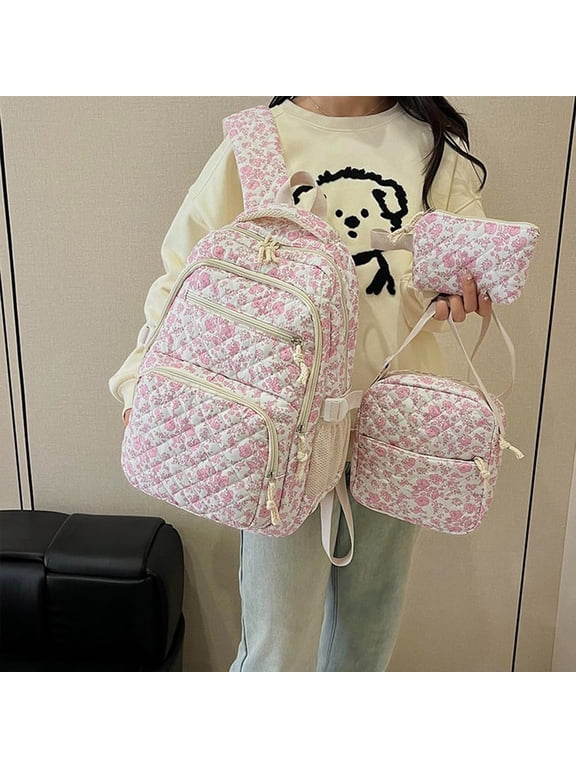 Flower Backpack Quilted Backpack for Women Cute Floral Rucksack Fashion Travel Daypack Pink
