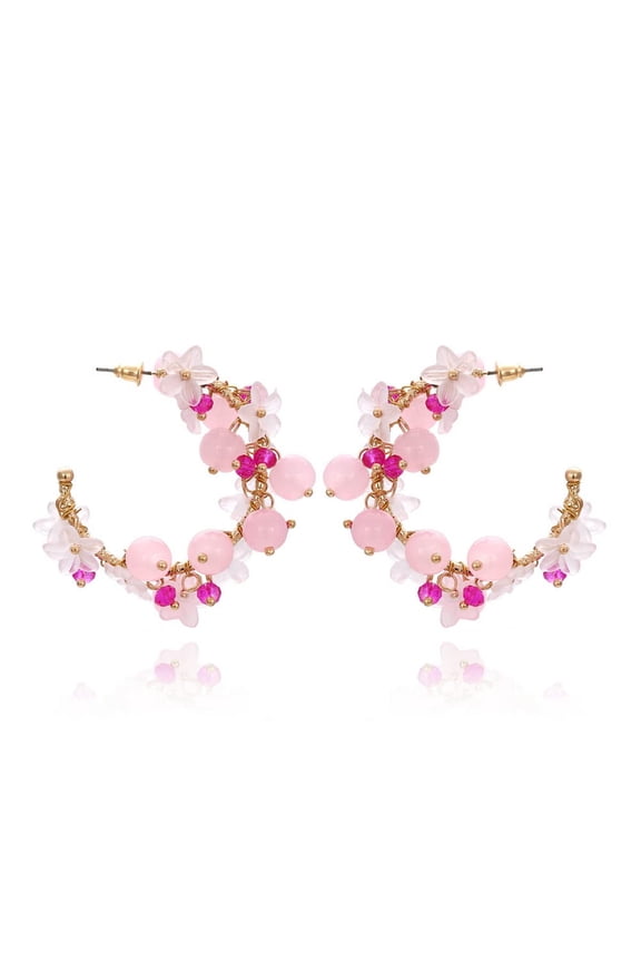 Flower Ball Beads Hoop Earrings Wreath for Women,Crystal Beaded Hoop Circle Oversized Kawaii Colorful Earrings,Spring Summer Floral Colorful Earrings,Fashion Hawaiian Boho Cute Jewelry,pink