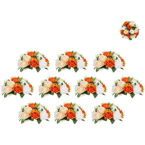 Flower Ball Centerpieces for Table: 10 Pcs Fake Rose Flowers Orange Artificial Silk Floral Arrangement Center Piece Kissing Bouquet for Wedding Party Valentines Day Home Decor