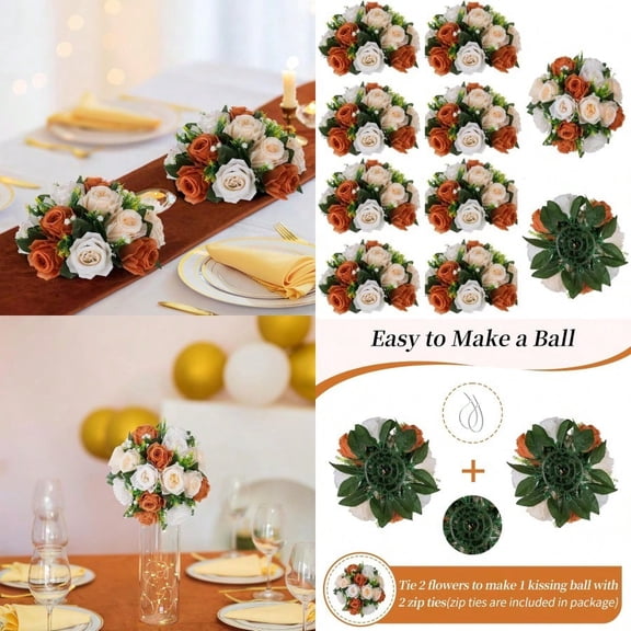 Flower Balls Wedding Centerpieces: 10 Pcs Terracotta Fake Rose Kissing Balls Table Decor - Fall Artificial Silk Bouquet with Base Floral Arrangements Home Party Room DIY Decorations