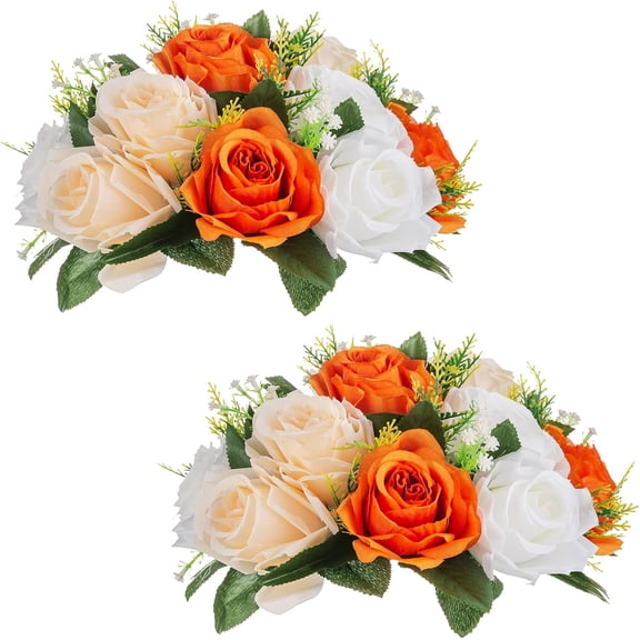 Flower Balls for Wedding Centerpieces: 9.5 Inch Diameter Orange Artificial Flower Ball Arrangement Bouquet Fall Party Table Decor - Fake Rose Autumn Weddings 2 Pcs