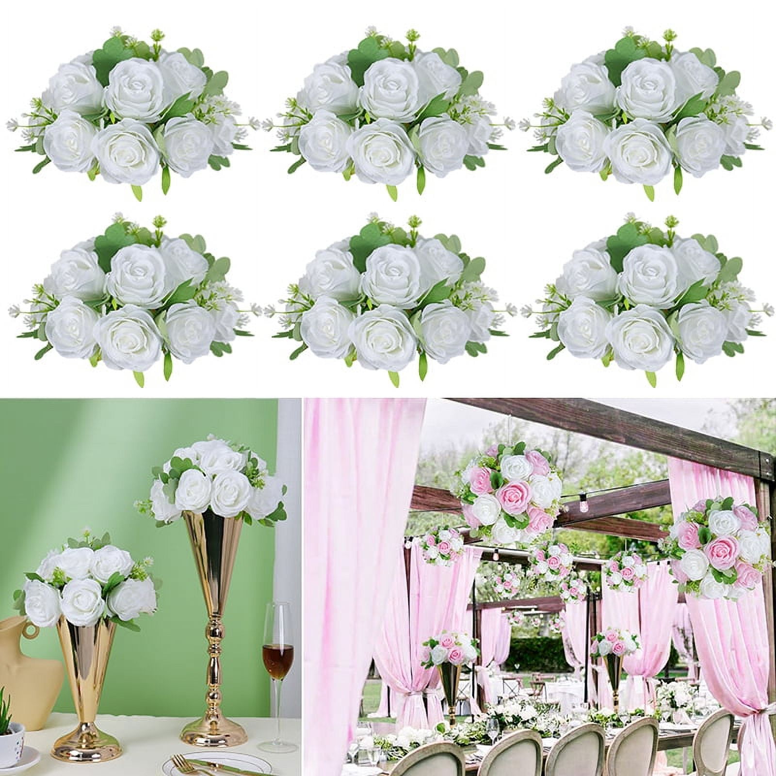 Flower Balls Wedding Rose Centerpieces Artificial Silk Roses Table Arrangement Bouquet 6pcs White Kissing Balls for Parties Valentine's Day Home Decoration