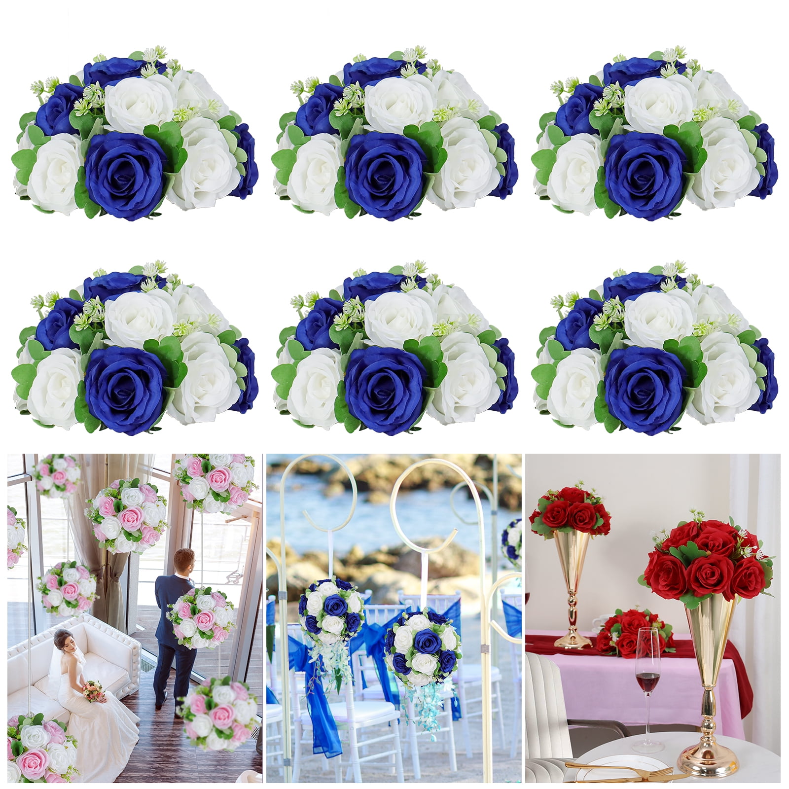 Flower Balls Wedding Silk Roses Centerpieces 6pcs Flowers Kissing Ball Decor Artificial Floral Bouquet for Table Arrangement Event Birthday Party 10.6x5.5 inch