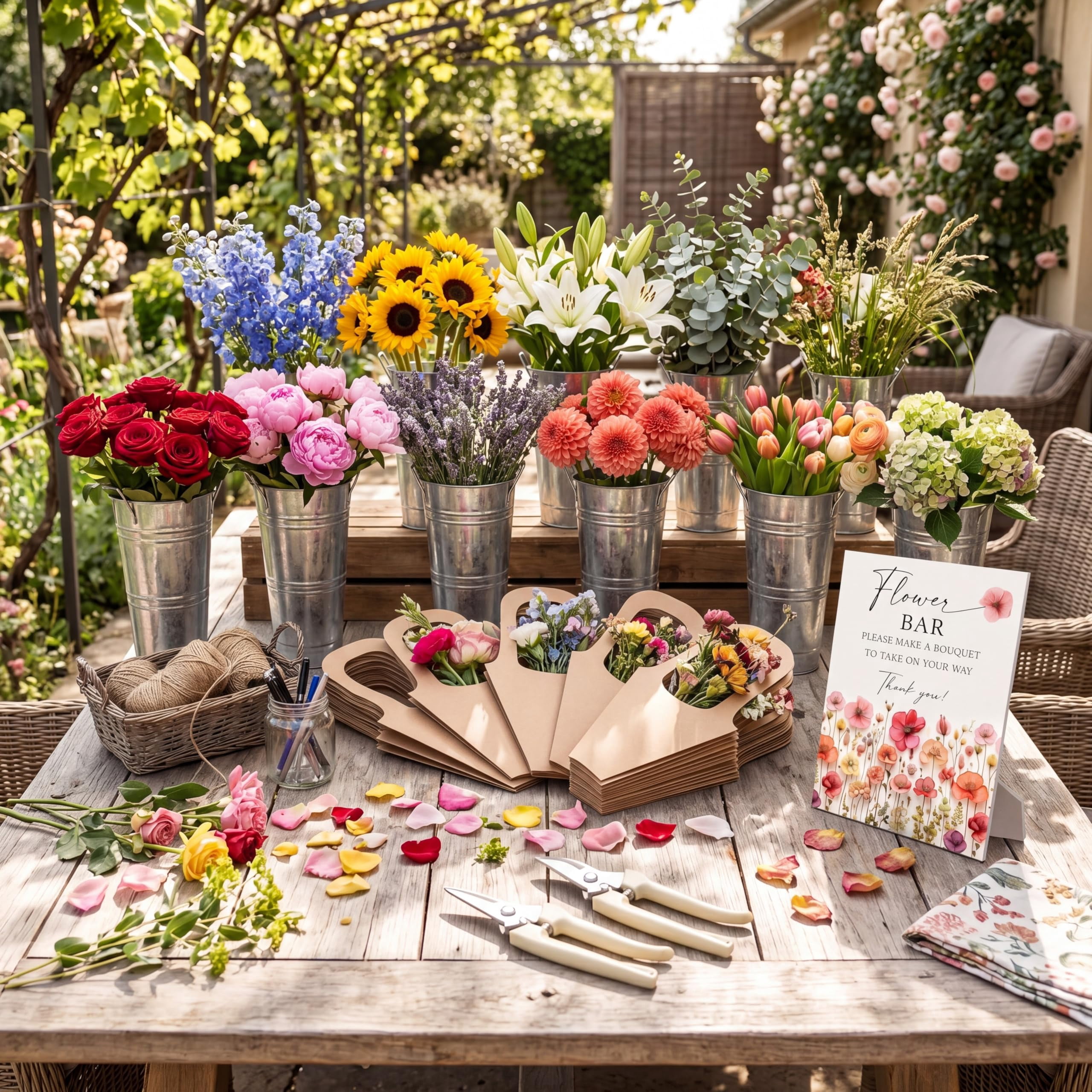 Flower Bar Buckets Set Kit Bloom Bar Supplies Include Wood Sign Gift Bags Iron Bucket Garden Flower Shears for Wedding Bridal Shower Graduation Birthday Table Centerpieces(39 Pcs,Silver)