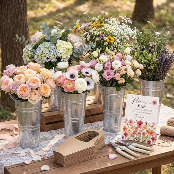 Flower Bar Buckets Set Kit Bloom Bar Supplies Include Wood Sign Gift Bags Iron Bucket Garden Flower Shears for Wedding Bridal Shower Graduation Birthday Table Centerpieces(39 Pcs,Silver)