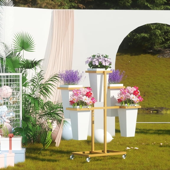 Flower Bar Stand with Buckets - Gold Metal Flower Cart for Wedding, Party, Garden, and Indoor Use
