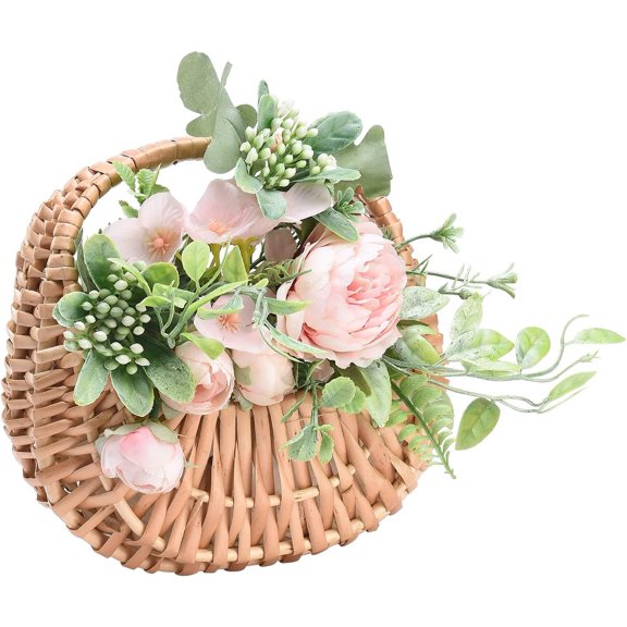 Flower Basket Set of 1, Half Moon Woven Rattan Basket with Handle, Handheld Flower Arrangement Basket, Portable Storage Basket for Home Party Picnic Decor(Without bouquet)