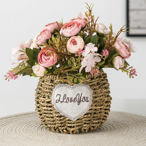 Flower Basket with Simulated Flowers, Canvas Material, Adjustable Stem, Long-Lasting Easy Care, Decor for Home Kitchen Wedding, Perfect Gift for Mother's Day Easter Valentine's Day