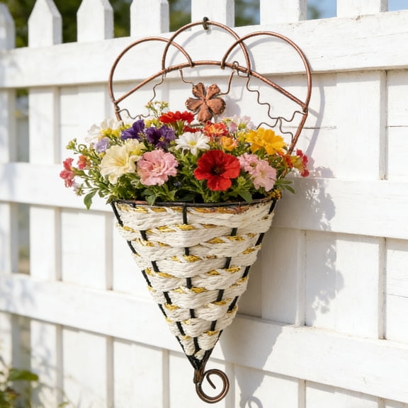 Flower Baskets with Copper Flower Design,Cone Shaped Woven Iron Basket Hanging Baskets Wrought Iron Hanging Planters Wall Mounted Baskets Suitable for Indoor Outdoor Plants