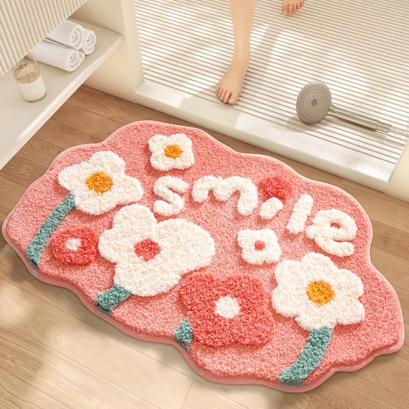 Flower Bath Mat, Cute Funny Textured Floral Plant Bathroom Rug, Plush Soft, Highly Absorbent, Non-Slip, Machine Washable for Shower, Bathtub Side and Doormat, 17.32"x29.92", Florals