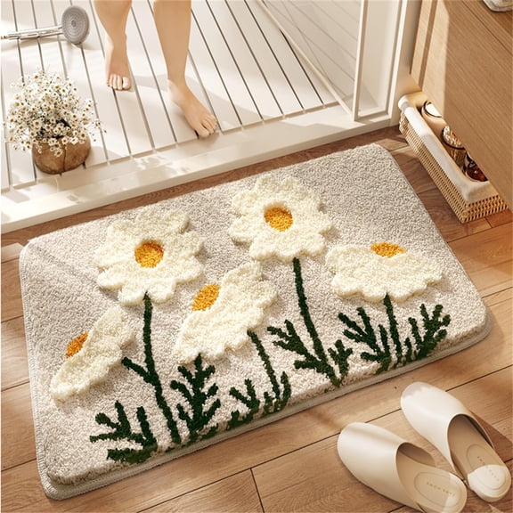 Flower Bath Mat, Cute Funny Textured Floral Plant Bathroom Rug, Plush Soft, Highly Absorbent, Non-Slip, Machine Washable for Shower, Bathtub Side and Doormat, 17.32"x29.92", Florals