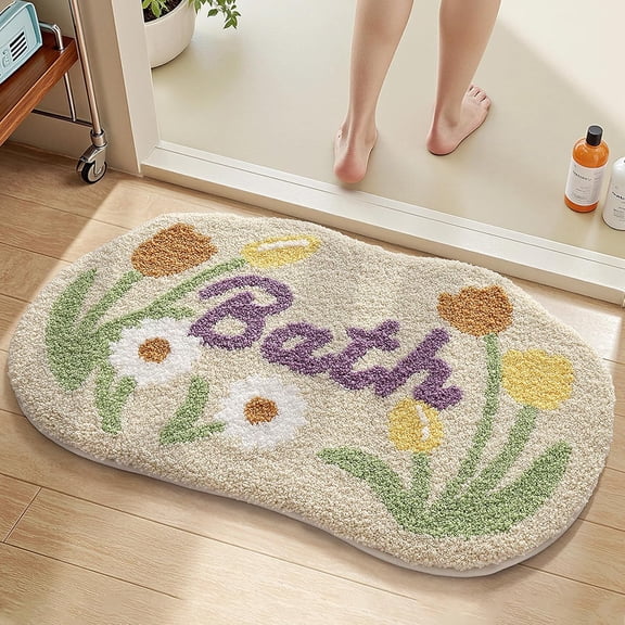 Flower Bathroom Rug, 20 x 31 Inches Irregular Shaped Floral Bath Mat, Colorful Spring Ultra-Thick Absorbent Mat, Machine Washable Shower Rug for Bathroom Balcony Bedroom