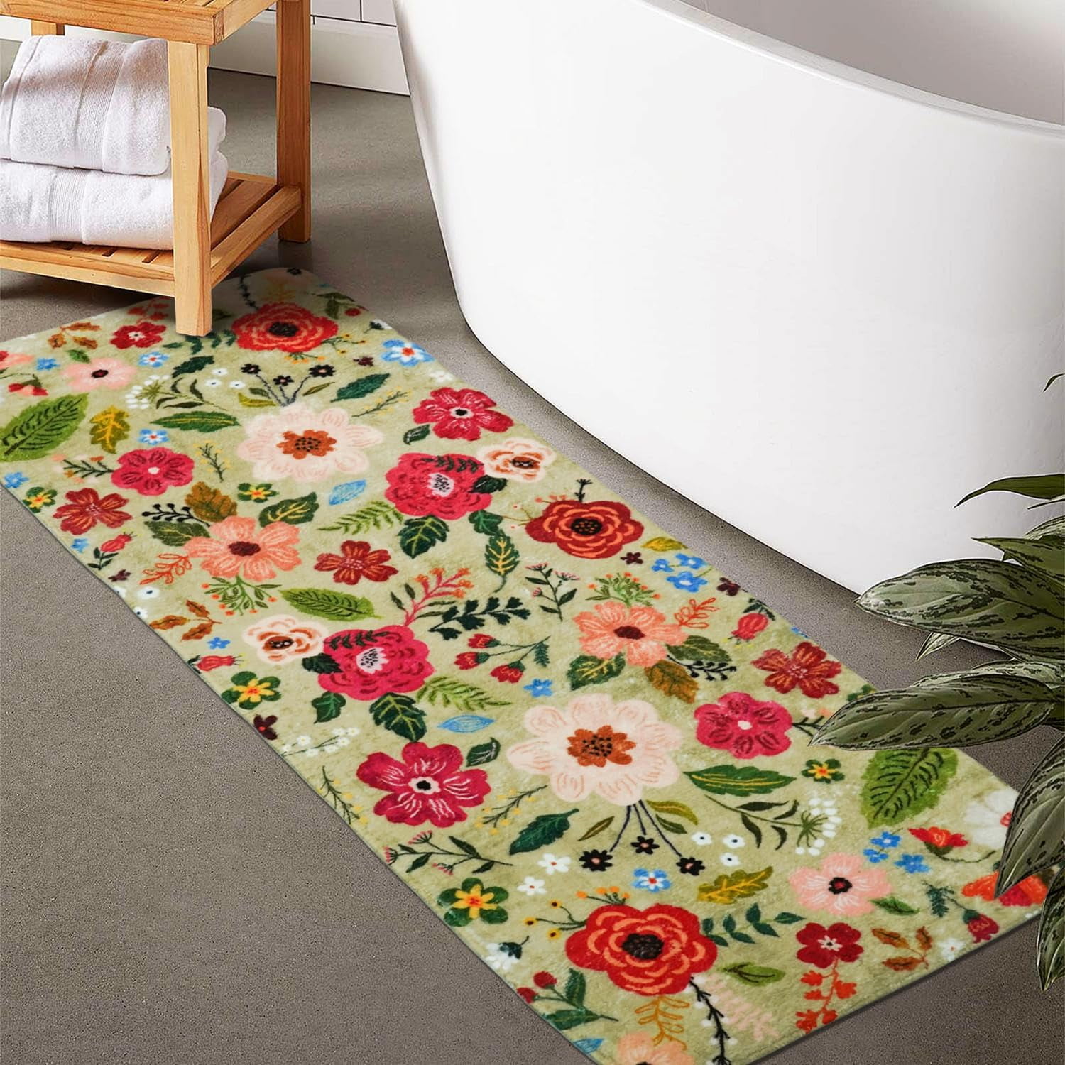Flower Bathroom Runner Rug Non Slip, Large Long Bathroom Rug Cute Floral Bath Mat for Bedroom Hallway Kitchen, Soft Plush Washable Pink Shower Rug